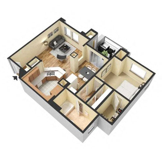 Floor plan for 1 bed, 1 bath, 804 sqft